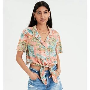American Eagle Tropical Tie Front Button Up Shirt